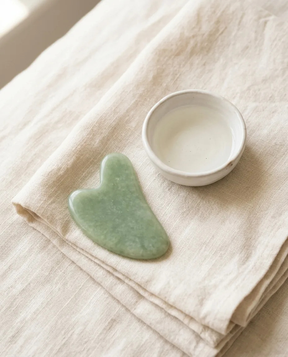 Still-life of a jade gua sha and small bowl of treatment oil