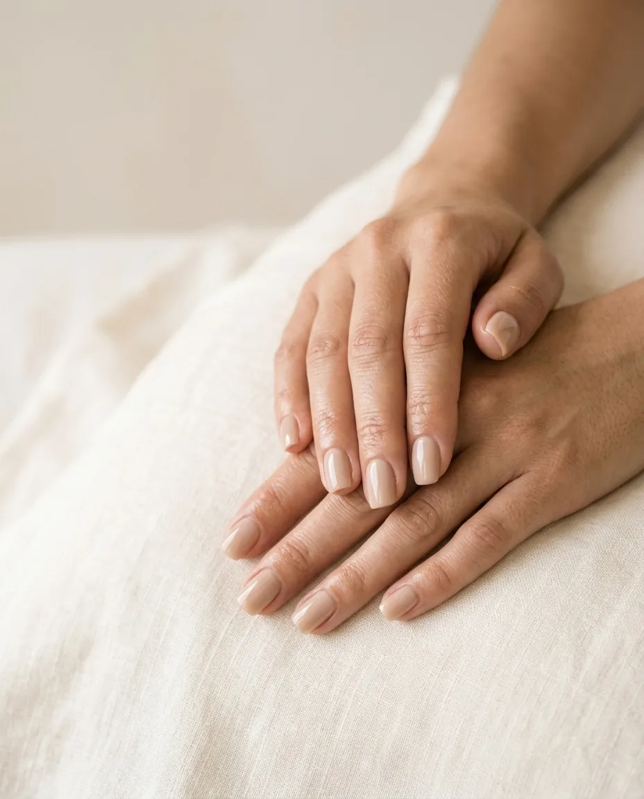 Editorial close-up of hands with a neutral gel manicure